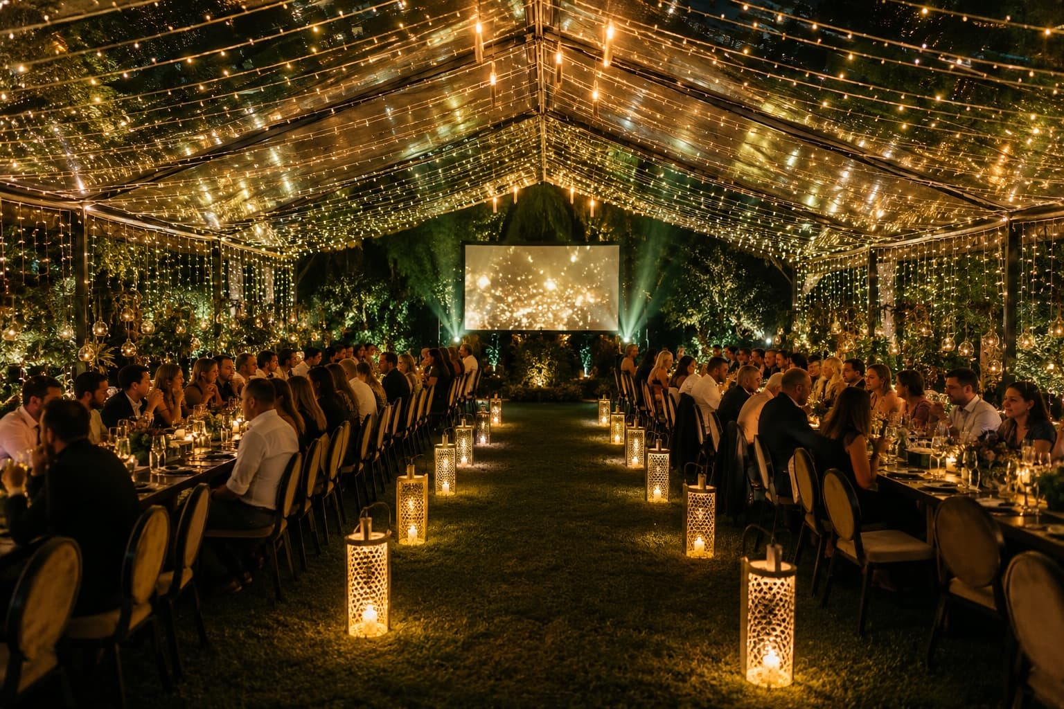 Garden celebration illuminated with warm LED string lights and electronic lanterns